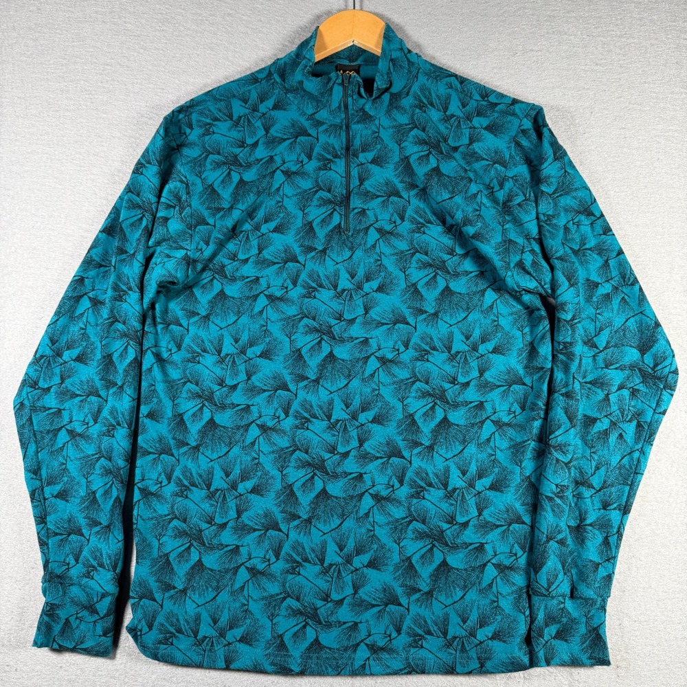 REI Mens Large Teal Black Botanical Pine Needle Print Quarter Zip Pullover USA